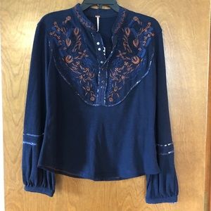 Free People Navy/Rust Snap Blouse
